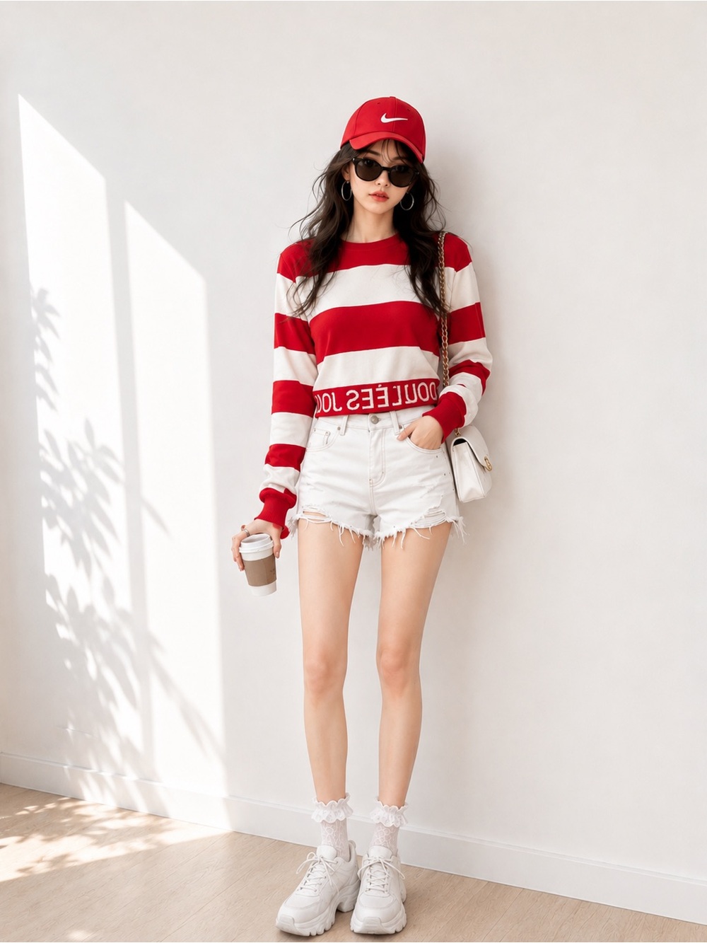 Women’s Red & White Striped Lightweight Knit Sweater – Crew Neck